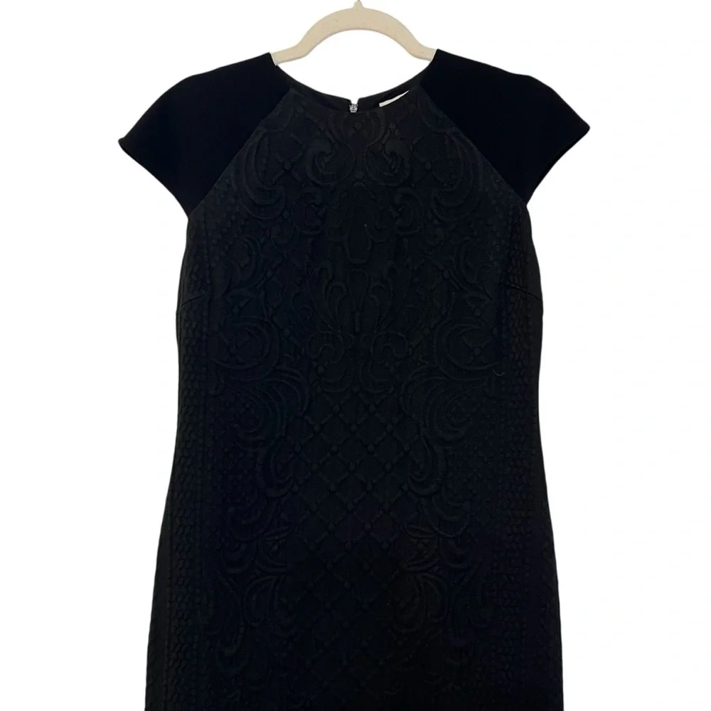 Tory Burch Kiersten Brocade Wool Blend Cap Sleeve Dress Black Medium Cocktail